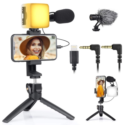 EACHSHOT Vlogging Kit Smartphone Video Kit Smartphone Camera Video Microphone Kit with LED Light + Microphone + Tripod + Phone Holder + 3pcs Cable for Vlogging/YouTube/TikTok/Facebook/Live
