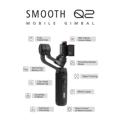 Zhiyun Smooth-Q 2 3-Axis Handheld Gimbal Stabilizer for Vlog YouTube video Record Street Snapshots, Compatible with Smartphone Like iPhone Xs 8Plus 6 Plus Samsung Galaxy(Black)