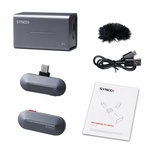 SYNCO P1ST Stone Blue Digital 2.4GHz Wireless Lavalier Microphone, for phone for android with Type-C connector , includes a transmitter, a receiver, and a drawer-style charging case