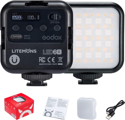 Godox LITEMONS LED6R RGB LED Video Light, Rechargeable LED Camera Light, HSI Adjustable 36000 Colors, CCT Bicolor 3200K-6500K, CRI 95, 13 FX Light Effects with 3 Cold Shoe, Support Magnetic Attraction