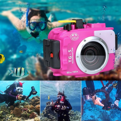 Seafrogs 60M/195ft Underwater Diving Waterproof Camera case for Olympus TG5 - Pink
