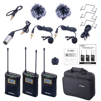 COMICA CVM-WM100 PLUS Dual-Transmitter and One Receiver UHF 48-Channels Mono/Stereo Wireless Camere Lavalier Microphone Filmmaker Kit for Canon Nikon Panasonic Sony, Camcorder,Smartphone