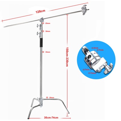 EACHSHOT C Stand 100% Metal Max Height 10.8ft/330cm Adjustable Reflector Stand with 4.2ft/128cm Holding Arm and 2 Pieces Grip Head for Photography Studio Video Reflector, Monolight and Other Equipment