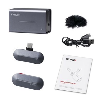 SYNCO P1SL Stone Blue Digital 2.4GHz Wireless Lavalier Microphone, with Lightning for iphone for iOS, includes a transmitter, a receiver, and a drawer-style charging case