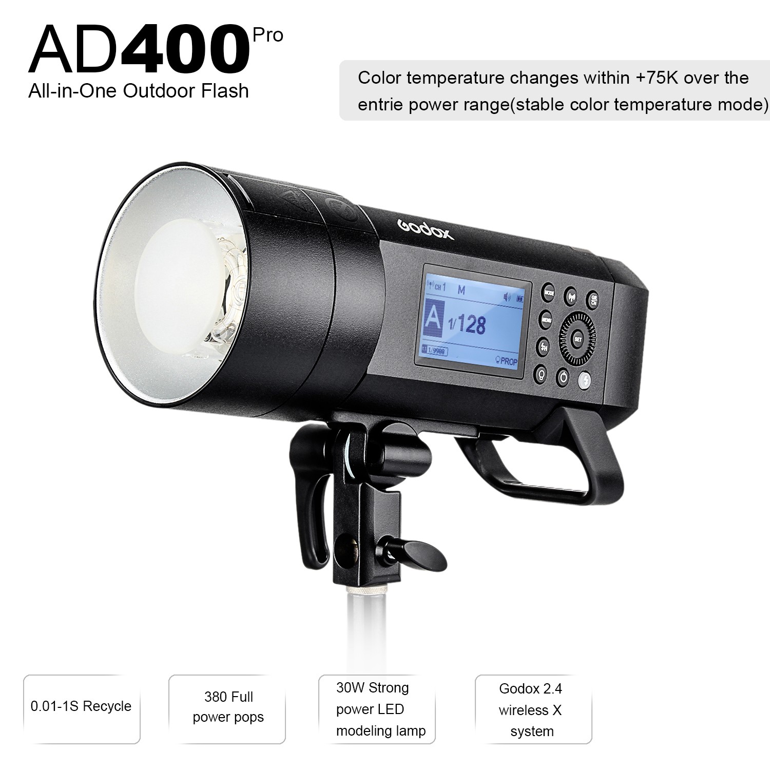 30w LED Modeling Lamp Godox AD400 Pro AD400Pro 400ws GN72 TTL Battery-Powered Monolight 0.01-1s Recycle Time 1/8000 HSS Outdoor Flash Strobe Light Built-in Godox 2.4G System 390 Full Power Pops 